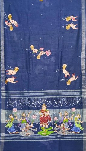 Sky Blue Mudra Theme Hand-Painted Pattachitra Linen Saree