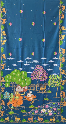 Sky Blue Ramayan Theme Hand Pinted Pattachitra Saree