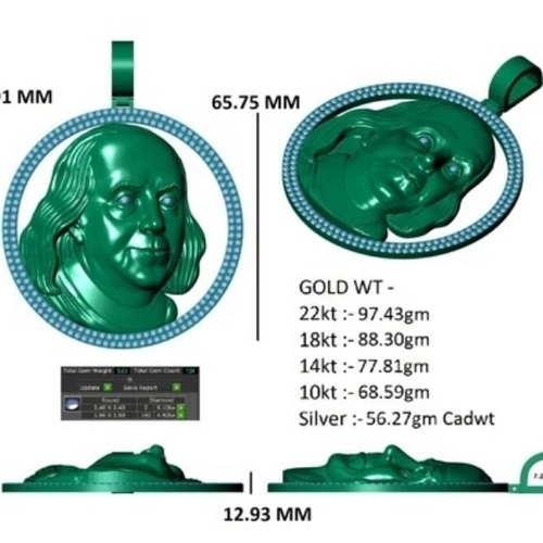 3D CAD Design For A Benjamin Franklin Bust Pendant - Standard Size Green | Fine Necklaces & Pendants Light Weight Fine Finishing
