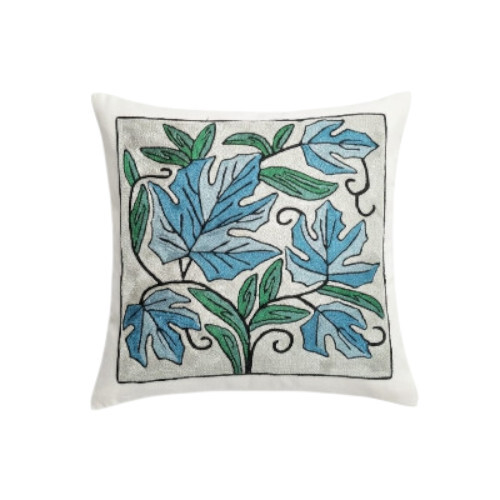 Kashmir Handmade Silk Chain Stitch Cushion Cover Light Blue Chinar Work Design 1x1 Foot