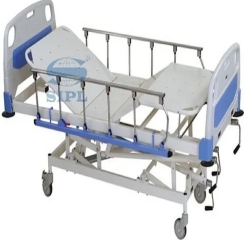 Highly Comfortable Deluxe Semi Fowler ICU Bed - Mild Steel, White Blue, Adjustable Height | Sturdy Frame, Side Rails, Manual Operation, Lockable Wheels