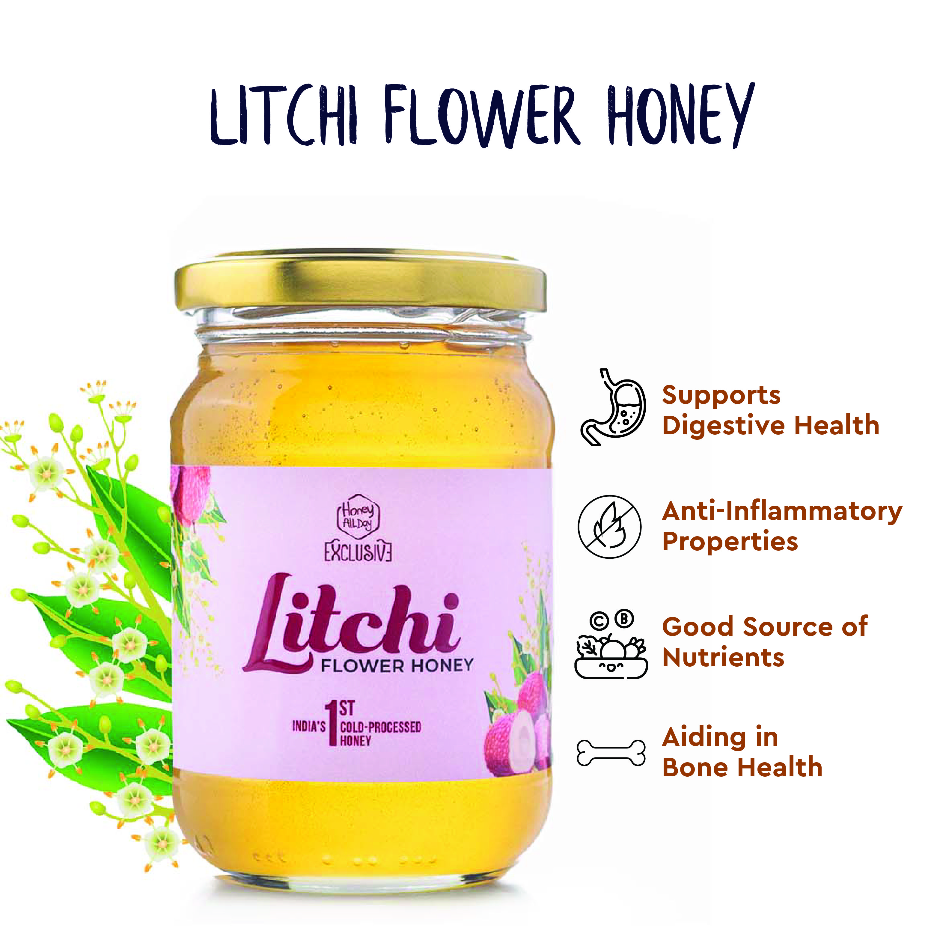 Honey All Day Litchi Flower Raw Honey Jar - Gourmet, NMR Tested & 100% Pure Floral Honey