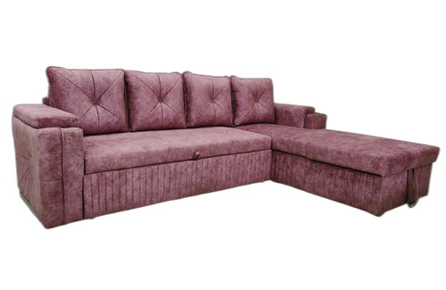 L Shaped 3 Fold Sofa Cumbed - Teak Wood Frame, 36" Width, Pink Fabric, 5 Seater, LHS Aligned | Durable, Eco-Friendly, Skin Friendly