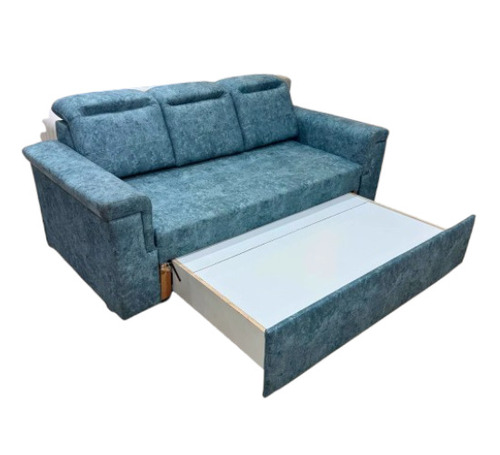 Wooden 3 Fold Sofa Cumbed - Teak Wood, Double Bed, Blue, Suede Fabric | Durable, Eco-Friendly, Skin Friendly, Folded, No Assembly Required