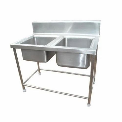 Silver Stainless Steel Double Bowl Kitchen Sink - Stainless Steel, Rectangular, Undermount, Center Drainer | Silver Color, Chrome Finish
