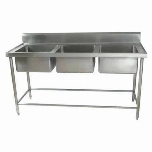 Silver Stainless Steel Three Sink Unit