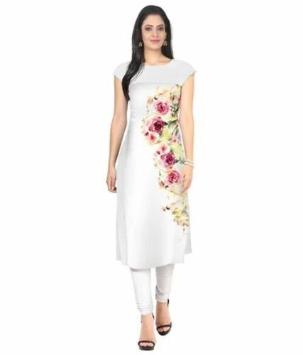 Designer Printed Crepe Kurti - Crepe, Various Sizes, White | Breathable, Anti Wrinkle, Quick Dry, Comfortable Fit