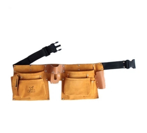 Double Pouch Leather Tool Belt - Leather, Yellow & Black, Adjustable Waist | Six Pockets, Heavy-Duty Stitching, Reinforced, Rust-Resistant Rivets