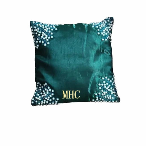 Green Color Beaded Cushion Cover - Satin, 16x16 Inches, Embroidered Square, Customizable