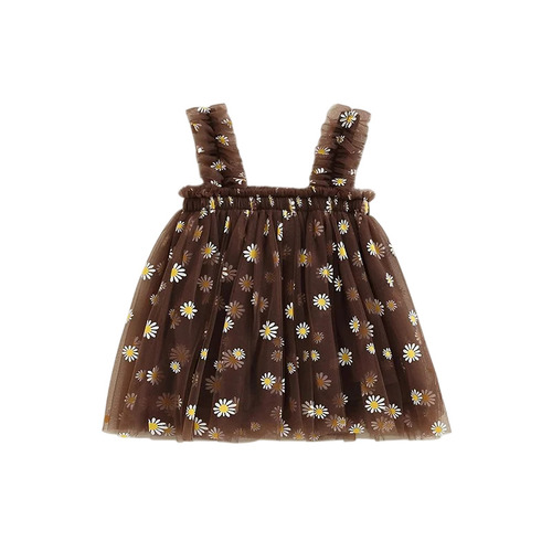 Brown Kids Net Frocks - Net Fabric, Age 3-4 Years, Brown | Breathable, Sleeveless, Printed, Summer Wear