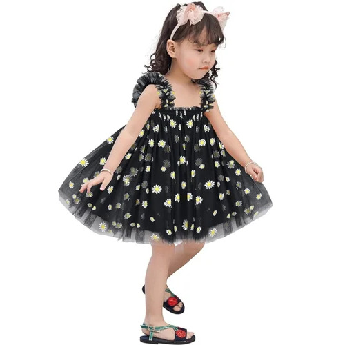 Girls Black Floral Printed Net Frock - Stitched, Square Neck, Knee Length | Breathable, Summer, Size S, Age 3-4 Years