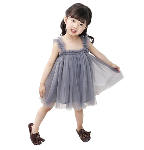 Grey Kids Baby Frock - Optimum Net Fabric, Grey, Sleeveless | Breathable, Plain, Modern Style, Summer Wear