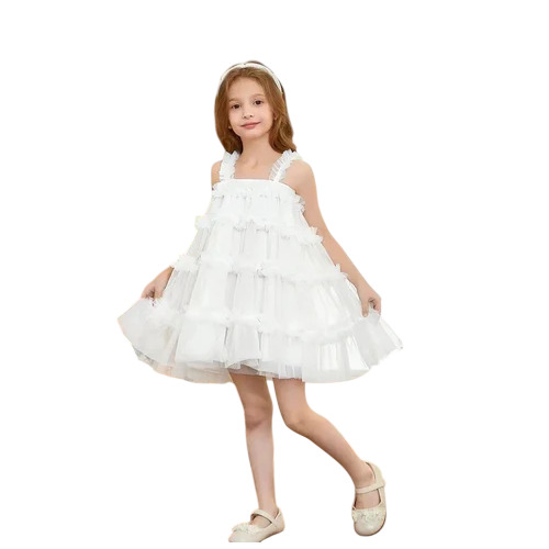 White Kids Baby Girls Frocks - Net Fabric, 26 Inch, White | Breathable, Sleeveless, Modern Style