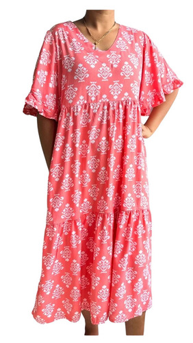 Flutter Sleeve Women Dress - Rayon, Large, Pink | V-Neck, Printed, Washable, Casual, All Season