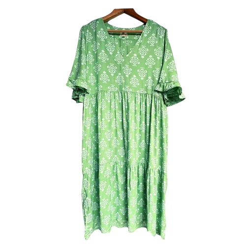 Green Flutter Sleeve Women Dress - Rayon, Size L, Green | V-Neck, Printed, Washable, Casual, All Season