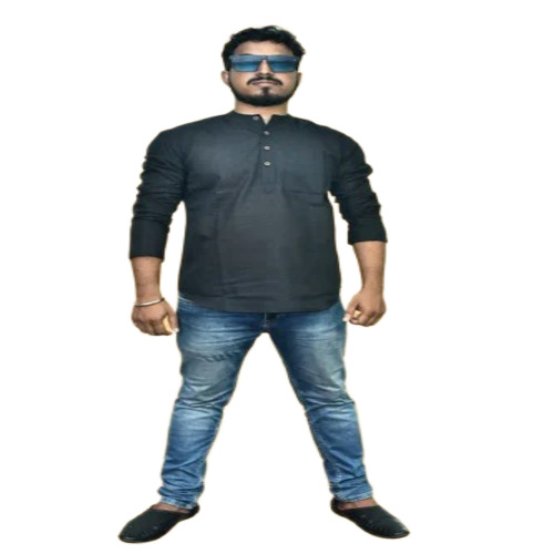 Men Cotton Black Short Kurta - Medium, Summer, Long Sleeves, Anti-Wrinkle, Washable, No Fade