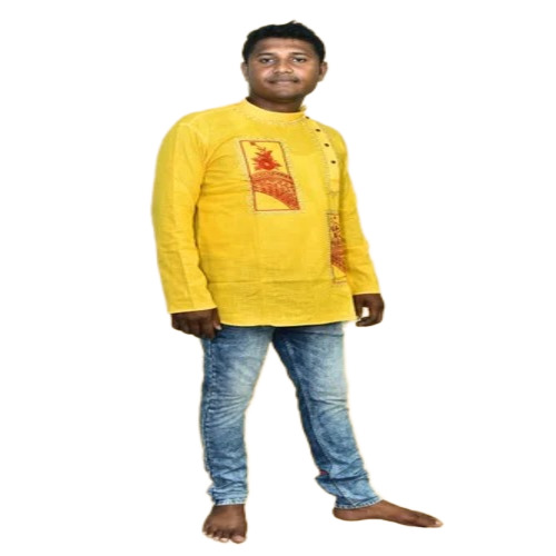 Men Yellow Short Khadi Kurta - Cotton, Size M, Yellow, Summer | Anti-Wrinkle, Fancy, Washable