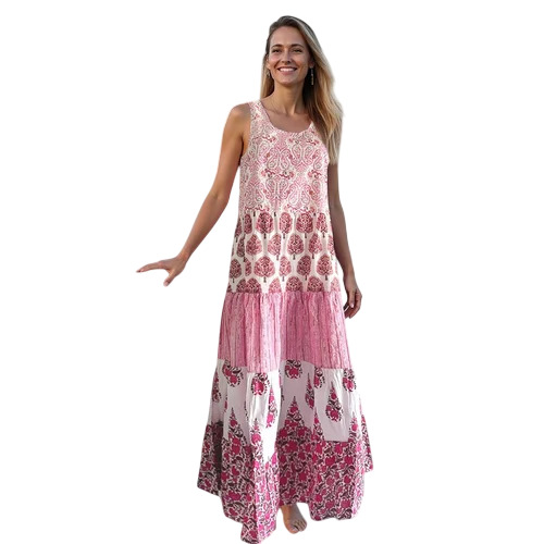 Womens Boho Tiered Cotton Maxi Dress With Sleeveless Silhouette
