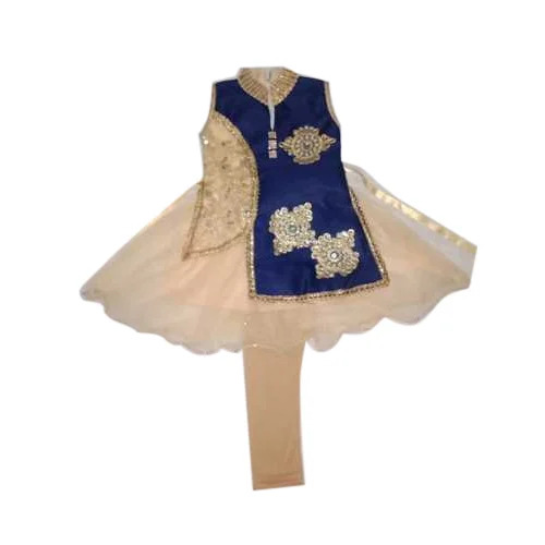 Kids Designer Frock With Leggings - Cotton, 20-30 Inch, Beige & Blue | Breathable, Washable, Sleeveless V Neck