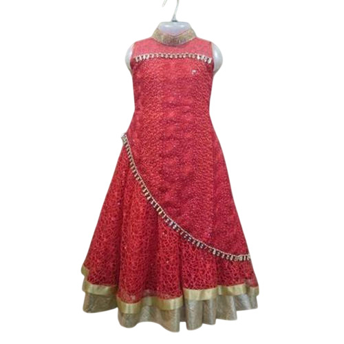 Kids Party Wear Gown - Cotton, Red, Round Neck, Sleeveless, Summer | Breathable, Comfortable, Washable