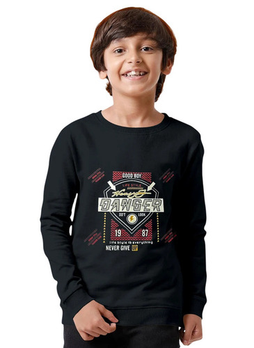Full Sleeves Kids Boys Sweatshirt - Fleece Fabric, Black, Printed Pattern | No Fade Color, Lightweight, Durable Stitching