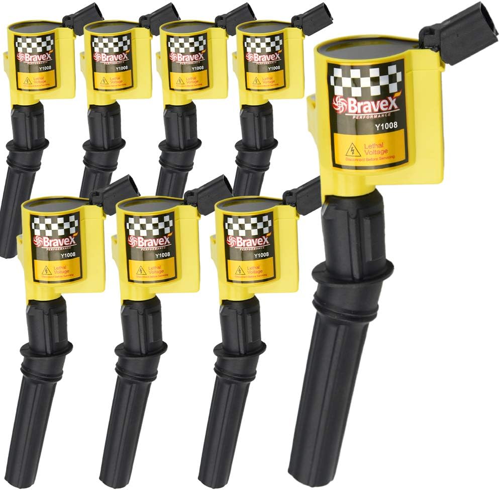High Performance Ignition Coil 8 Pack -Upgrade 15% More Energy For Ford F-150 F-250 F-350 4.6L 5.4L V8 Crown Victoria Expedition Mustang Lincoln Mercury Compatible & Dg508 Dg457 Dg472 Dg491 (Yellow) - Color: Yellow (Body) With Metal Terminals