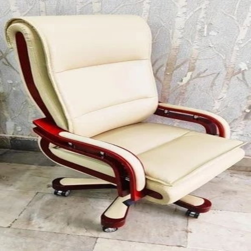 Office Boss Chair - Leather, Wood Frame, High Back, White, 16-17 Inch Height, Easy to Clean, Moisture Proof