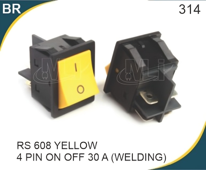 Rs 608 Yellow 4 Pin On Off 30 A (Welding) Rocker Switch - Contact Resistance: 50 M Milliohm (MÏ)