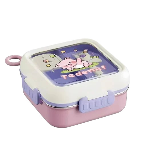 Cartoon Printed Stainless Steel Lunch Box - Stainless Steel, 800 ML, Blue | Leak Proof, Polished Plastic, Rectangle