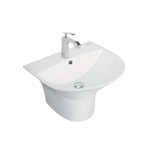 One Piece Wash Basin - Ceramic 480x425x365 mm, White | Oval Shape, Deck Mounted, Washdown Flush