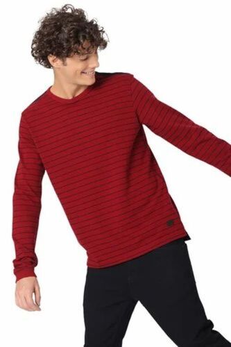 Full Sleeve Round Neck T Shirt - Cotton, Regular Fit, Red, Striped | Lightweight, Soft, Breathable, Quick Dry, Comfortable Fit
