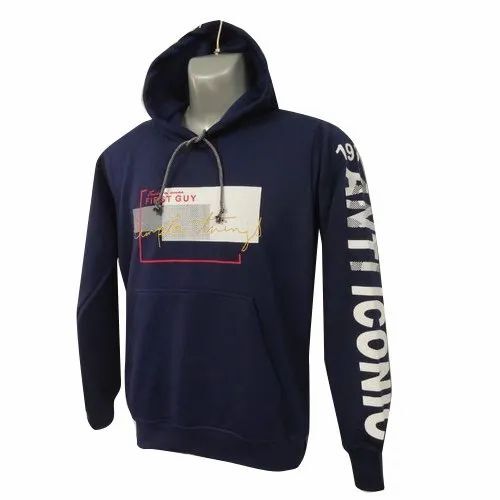 Mens Printed Lycra Hooded T Shirt - Navy Blue, Various Sizes, Full Sleeves | Lightweight, Quick Dry, Comfortable Fit