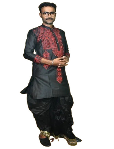 Men Black Kurta Dhoti Set - Silk, Full Sleeve, Available in L to XXL, Black | Anti Wrinkle, Breathable, Washable, No Fade