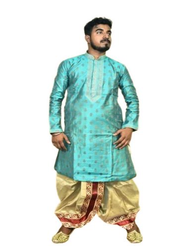 Men Festival Kurta Dhoti Set - Silk, Full Sleeve, Green, Sizes L-XXL | Anti Wrinkle, Breathable, Washable