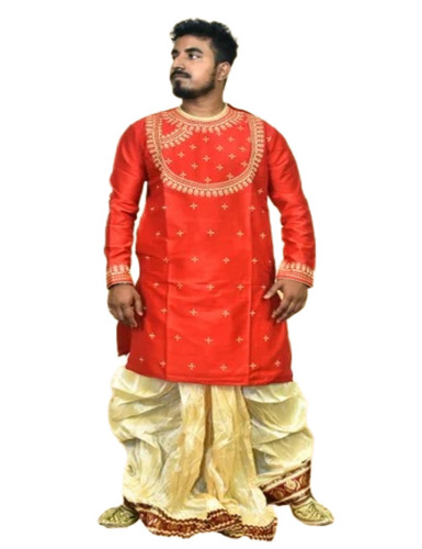 Men Orange Kurta Dhoti Set - Silk, Full Sleeve, Size L-XXL, Printed | Anti Wrinkle, Breathable, Washable
