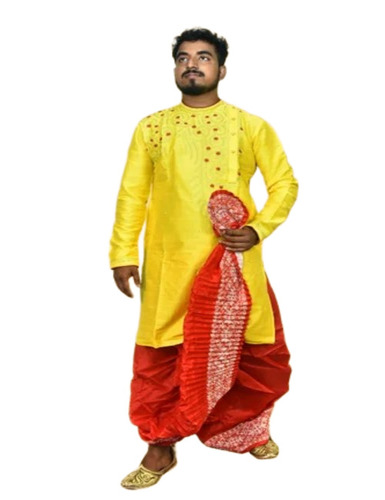 Silk Men Kurta Dhoti Set - Silk, Yellow, Full Sleeve | Anti Wrinkle, Breathable, Fancy, Comfortable, Washable