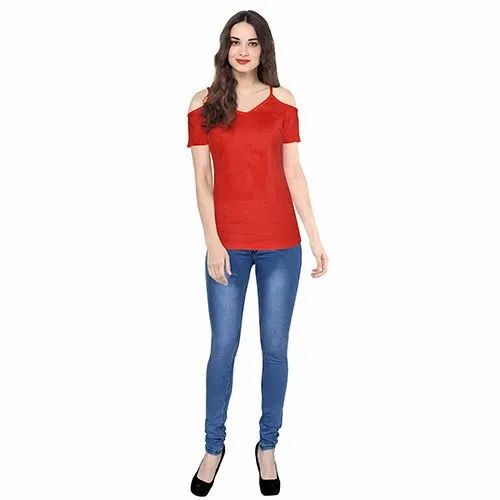 Ladies Red T Shirt - Knitting Fabric, Various Sizes, V-Neck, Half Sleeves, Plain, Lightweight, Breathable, Quick Dry
