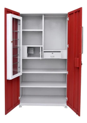 2 Door Stainless Steel Cupboard - 6x3x6 Feet, Red And White, Polished Finish | Lockable, Mirror, 6 Shelves, 1 Drawer, Durable
