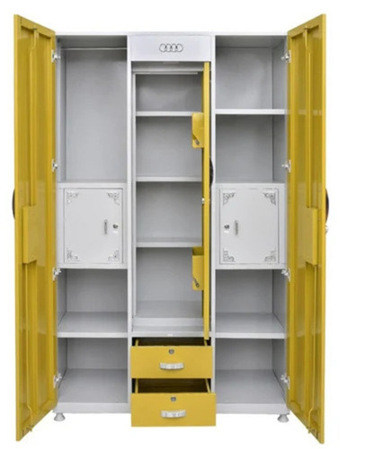 Yellow 3 Door Mild Steel Almirah - 6x3x6 Feet, Polished Mirror Finish, 11 Shelves, 2 Drawers | Durable, Easy to Clean, Lockable Storage