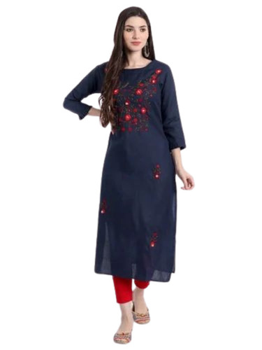 Blue Color Ladies Cotton Kurta - Embroidered, 3/4 Sleeves, Regular Fit | Breathable, Anti UV, Quick Dry, Comfortable Fit