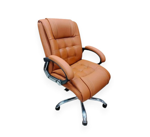Brown Leather Mid Back Office Chair - Wooden Frame
