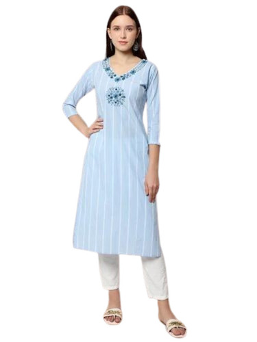 Ladies Linen Cotton Kurti - 3/4 Sleeves, Sky Blue, Embroidered | Breathable, Anti Wrinkle, Quick Dry, Comfortable Fit