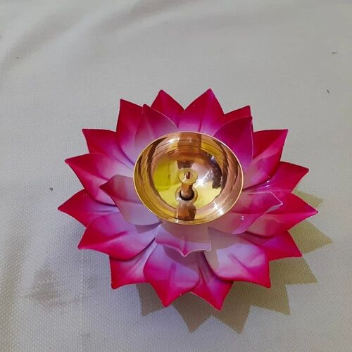 Metal Pink Lotus Pooja Diya Stand - Metal