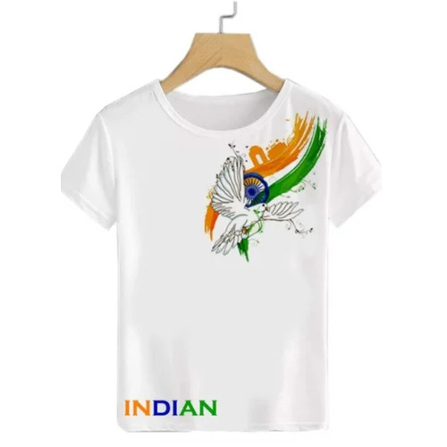 White Independence Day Round Neck T Shirt - Polyester, White, 110 GSM | O-Neck, Half Sleeves, Printed, Comfortable, Regular Fit