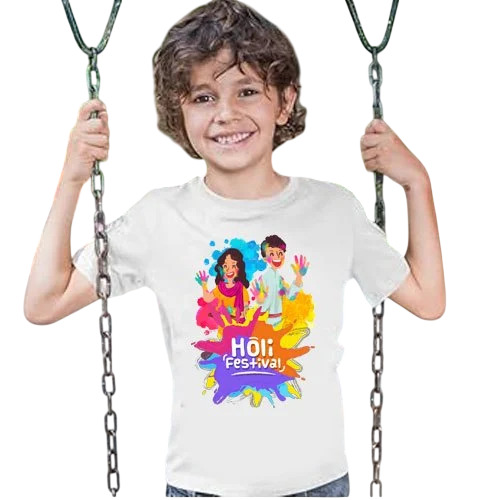 White Printed Kids Holi T-Shirt