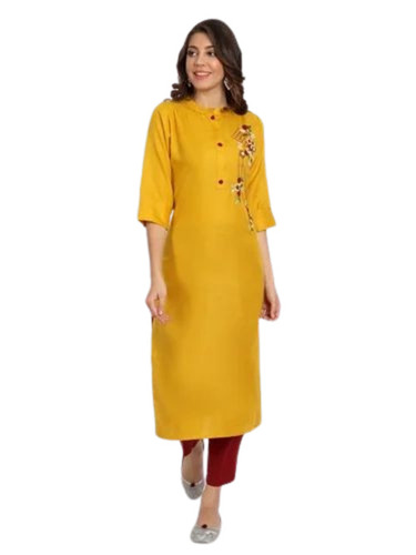 Yellow Color Ladies Cotton Kurta - 3/4 Sleeves, Regular Fit, Embroidered | Breathable, Lightweight, Anti UV, Quick Dry