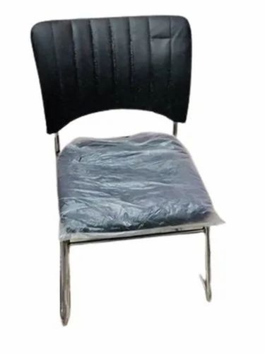Armless Visitor Chair - Leather Seat, Low Back, 16 Inch Height, Black | Rust Proof, Non Rotatable, Home Office Use