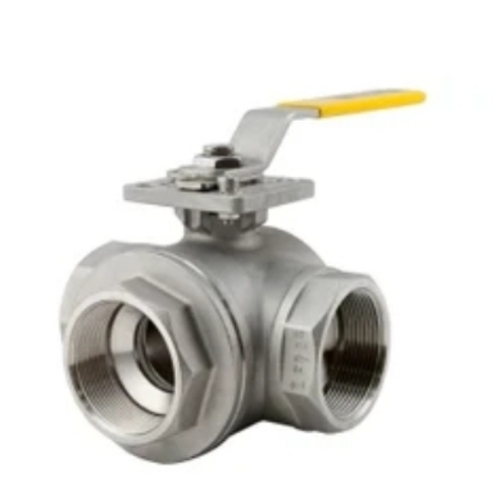 Three Way Ball Valve - Metal, Standard Size, Silver | Industrial Application, Polished Finish, Easy Installation