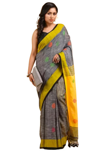 Cotton Ball Butta Handloom Sarees With Attach Running Blouse - Cotton Grey | Skin Friendly Custom Design Machine Wash