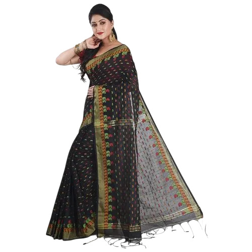 Handloom Tant Cotton Silk Saree - 6.3m Black Cotton, Printed Pattern, Skin Friendly, Customized Design
